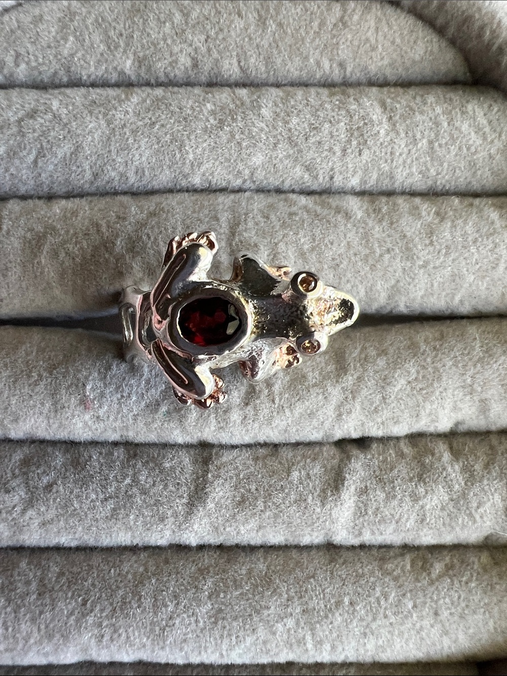 Artisan Frog Garnet Ring in Silver